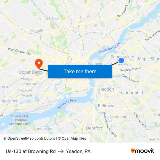 Us-130 at Browning Rd to Yeadon, PA map