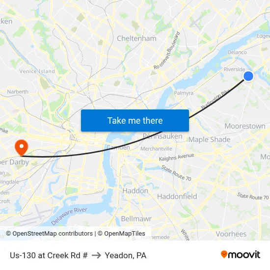 Us-130 at Creek Rd # to Yeadon, PA map