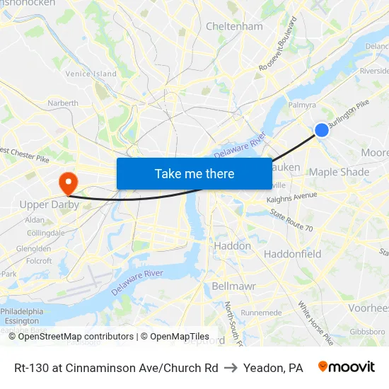 Rt-130 at Cinnaminson Ave/Church Rd to Yeadon, PA map