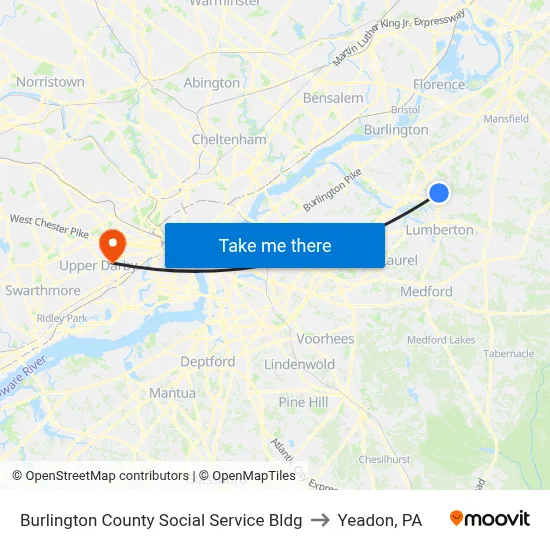 Burlington County Social Service Bldg to Yeadon, PA map