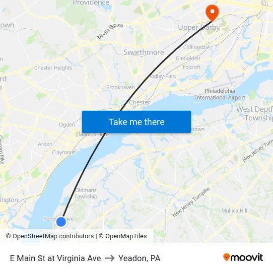 E Main St at Virginia Ave to Yeadon, PA map