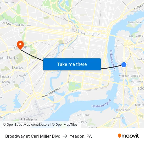 Broadway at Carl Miller Blvd to Yeadon, PA map