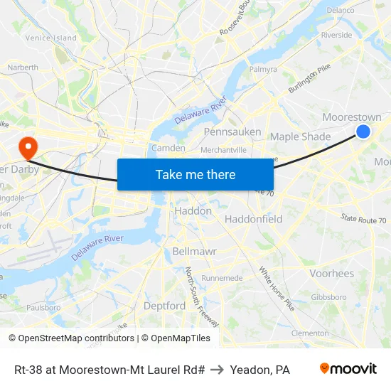 Rt-38 at Moorestown-Mt Laurel Rd# to Yeadon, PA map