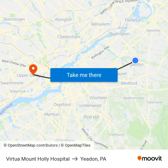 Virtua Mount Holly Hospital to Yeadon, PA map