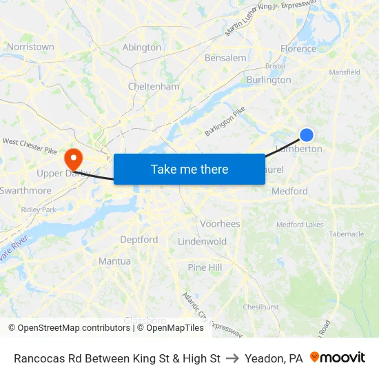 Rancocas Rd Between King St & High St to Yeadon, PA map