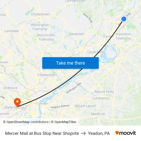 Mercer Mall at Bus Stop Near Shoprite to Yeadon, PA map