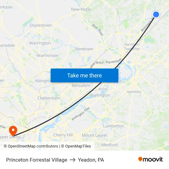 Princeton Forrestal Village to Yeadon, PA map