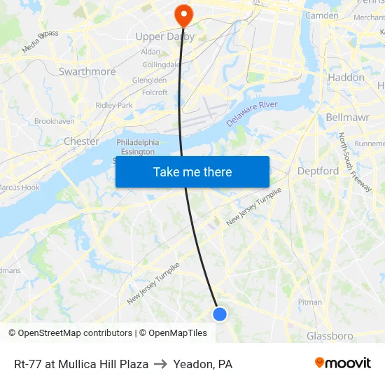 Rt-77 at Mullica Hill Plaza to Yeadon, PA map