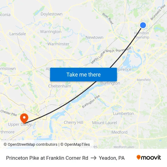 Princeton Pike at Franklin Corner Rd to Yeadon, PA map