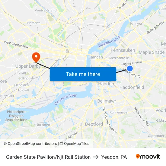 Garden State Pavilion/Njt Rail Station to Yeadon, PA map