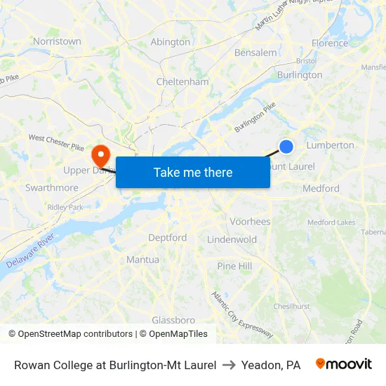 Rowan College at Burlington-Mt Laurel to Yeadon, PA map