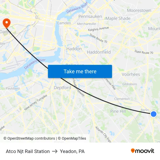 Atco Njt Rail Station to Yeadon, PA map