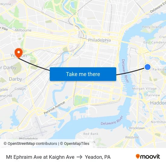 Mt Ephraim Ave at Kaighn Ave to Yeadon, PA map