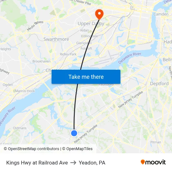 Kings Hwy at Railroad Ave to Yeadon, PA map