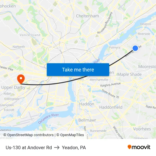 Us-130 at Andover Rd to Yeadon, PA map