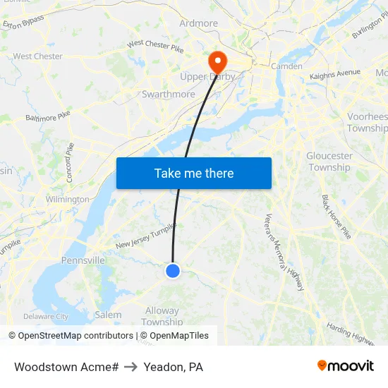 Woodstown Acme# to Yeadon, PA map