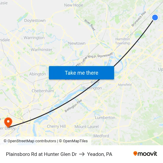 Plainsboro Rd at Hunter Glen Dr to Yeadon, PA map