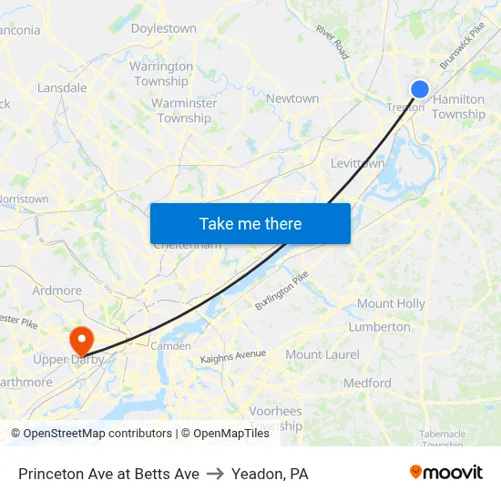 Princeton Ave at Betts Ave to Yeadon, PA map