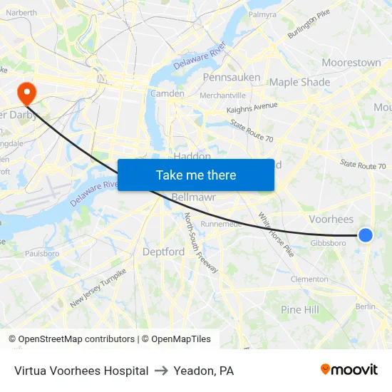 Virtua Voorhees Hospital to Yeadon, PA map