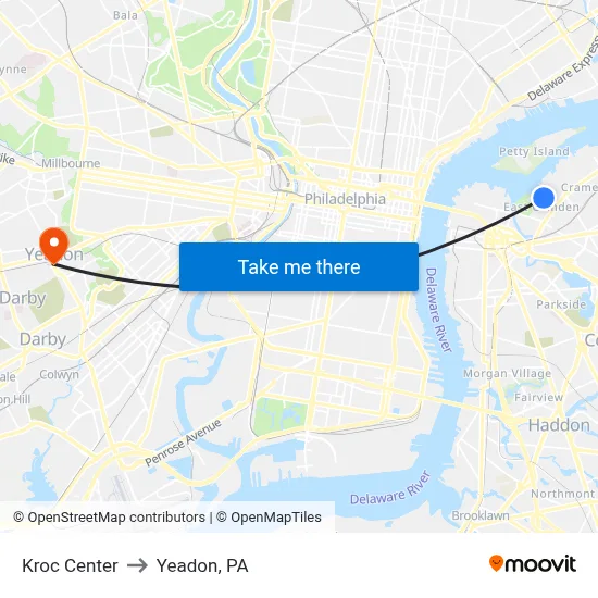 Kroc Center to Yeadon, PA map