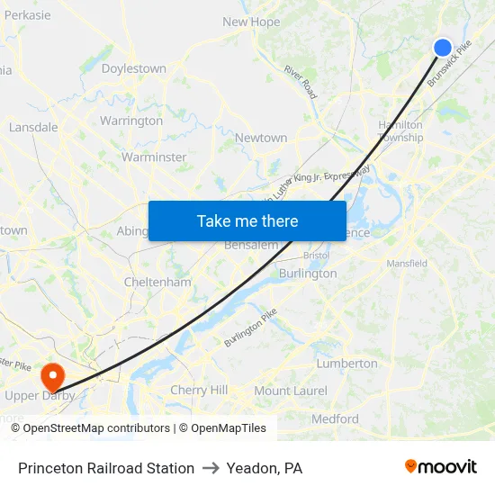 Princeton Railroad Station to Yeadon, PA map