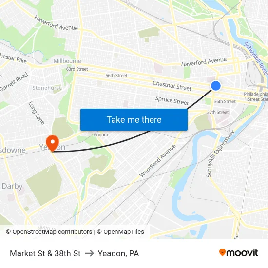 Market St & 38th St to Yeadon, PA map