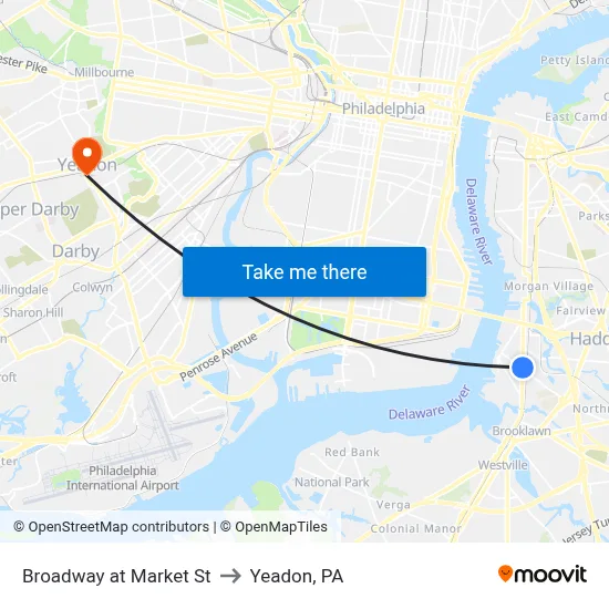Broadway at Market St to Yeadon, PA map