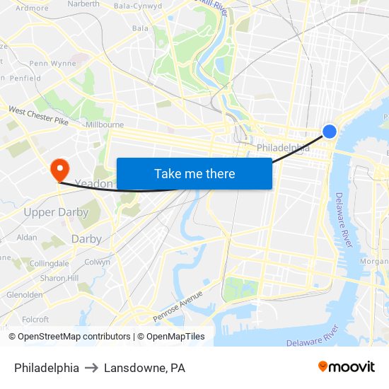 Philadelphia to Lansdowne, PA map