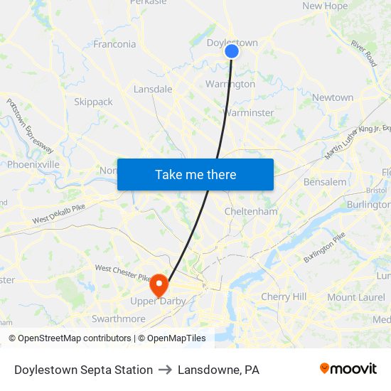 Doylestown Septa Station to Lansdowne, PA map