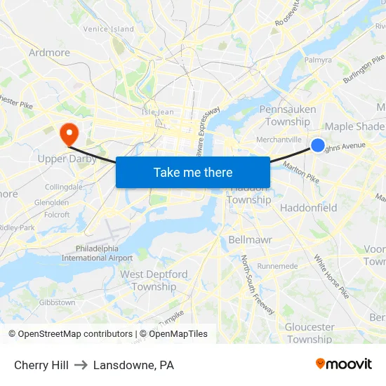 Cherry Hill to Lansdowne, PA map