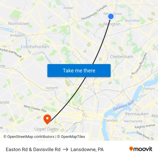 Easton Rd & Davisville Rd to Lansdowne, PA map