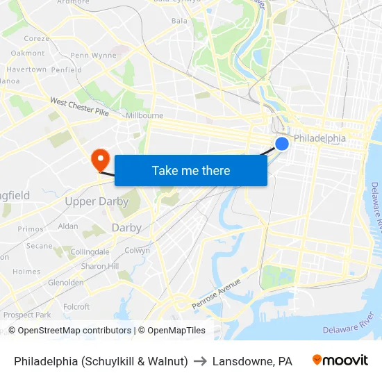 Philadelphia (Schuylkill & Walnut) to Lansdowne, PA map