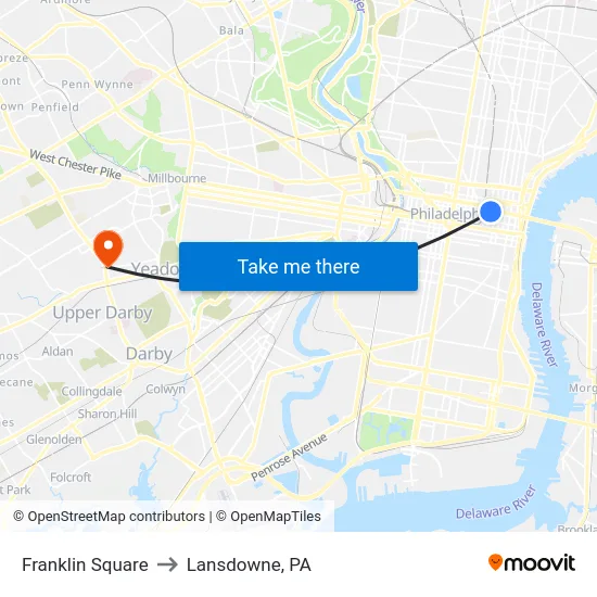 Franklin Square to Lansdowne, PA map