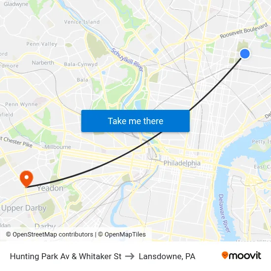 Hunting Park Av & Whitaker St to Lansdowne, PA map