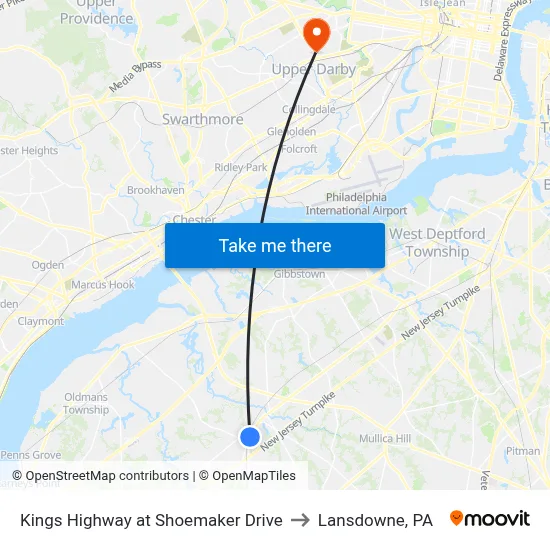 Kings Highway at Shoemaker Drive to Lansdowne, PA map