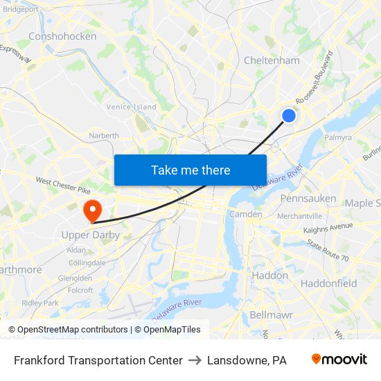 Frankford Transportation Center to Lansdowne, PA map