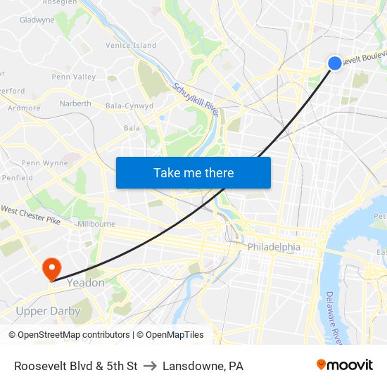 Roosevelt Blvd & 5th St to Lansdowne, PA map