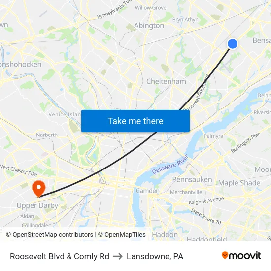 Roosevelt Blvd & Comly Rd to Lansdowne, PA map