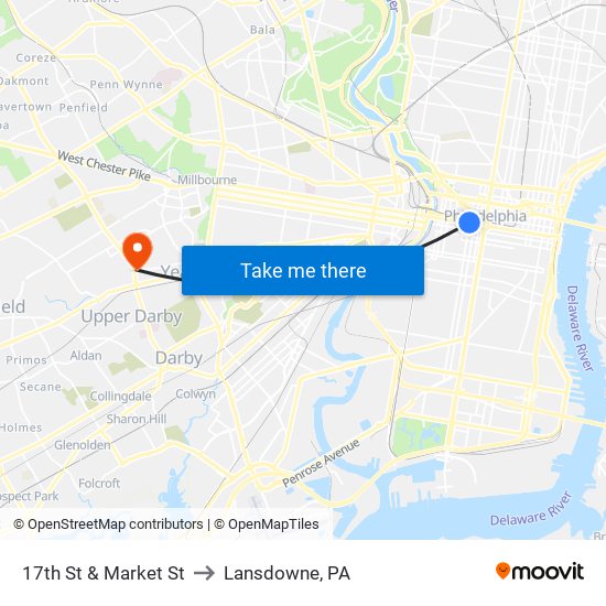 17th St & Market St to Lansdowne, PA map