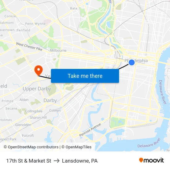 17th St & Market St to Lansdowne, PA map