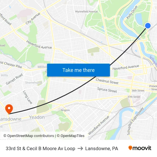 33rd St & Cecil B Moore Av Loop to Lansdowne, PA map