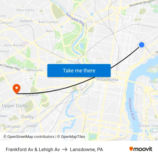 Frankford Av & Lehigh Av to Lansdowne, PA map