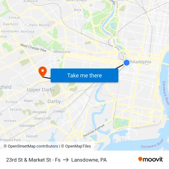 23rd St & Market St - Fs to Lansdowne, PA map