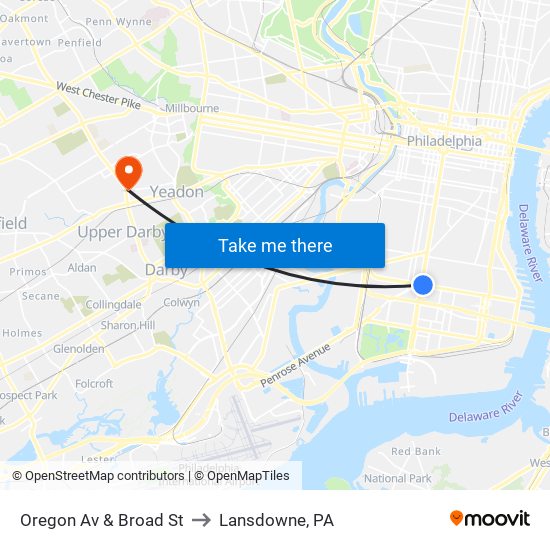 Oregon Av & Broad St to Lansdowne, PA map