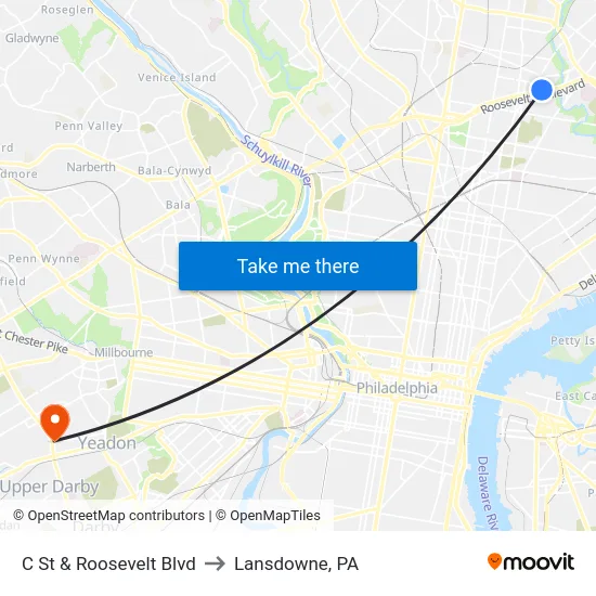 C St & Roosevelt Blvd to Lansdowne, PA map