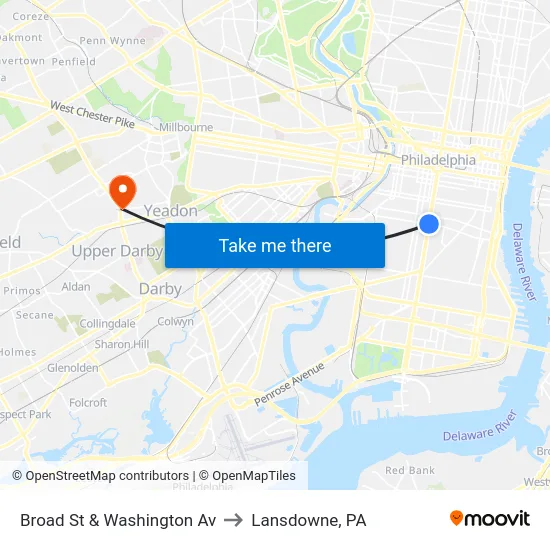 Broad St & Washington Av to Lansdowne, PA map