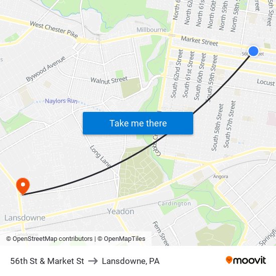 56th St & Market St to Lansdowne, PA map