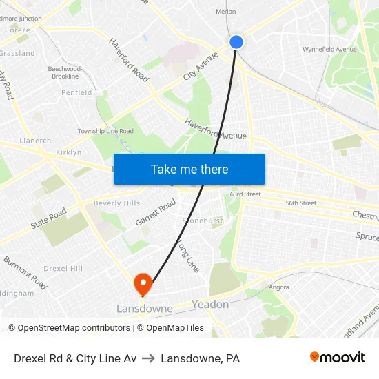 Drexel Rd & City Line Av to Lansdowne, PA map