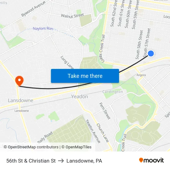 56th St & Christian St to Lansdowne, PA map