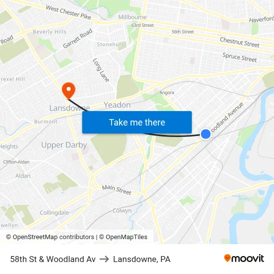 58th St & Woodland Av to Lansdowne, PA map